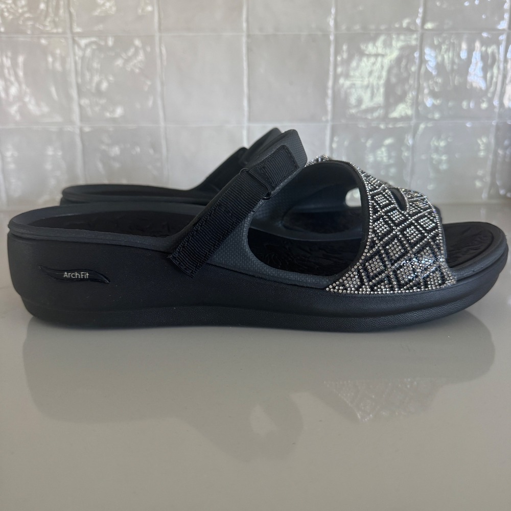 Skechers Foamies Arch Fit Footsteps Sandals Women 11 Black Rhinestone NEW - Picture 5 of 9